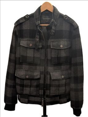 Sean John Y2K Black Plaid Wool Blend Utility Field Jacket Size L